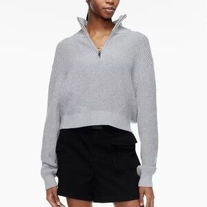 Aritzia TNA Ashbury Quarter Zip Grey Ribbed Knit Cropped